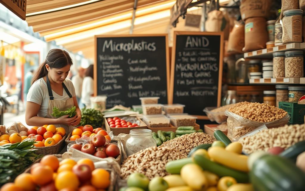 A bustling open-air market, vibrant with fresh produce. In the foreground, a shopper carefully inspects a selection of crisp, unblemished fruits and vegetables, carefully avoiding any items wrapped in plastic. The middle ground showcases a variety of unpackaged bulk foods, grains, and nuts, emphasizing the availability of microplastic-free options. In the background, a chalkboard sign highlights the importance of avoiding microplastics, with a warm, natural lighting setting a serene and informative atmosphere. Subtle yet impactful, this scene visually conveys the smart shopping and preparation tips for reducing microplastic exposure in food.