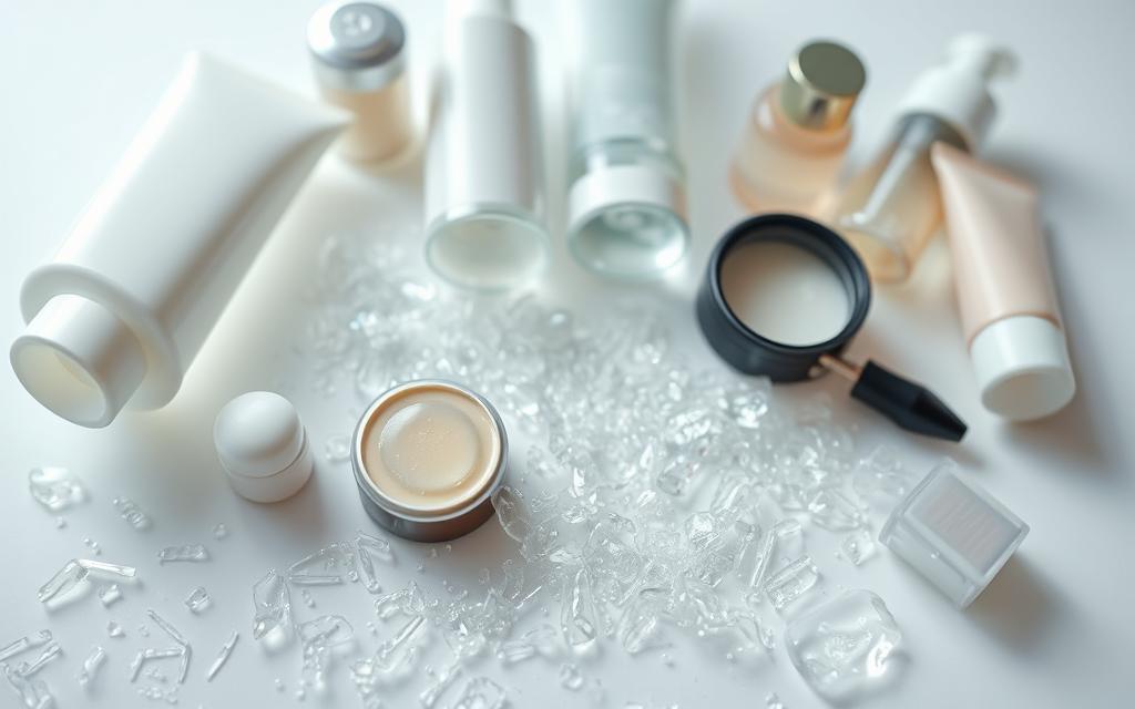 A close-up view of various personal care products, such as shampoo, lotion, and makeup, revealing the presence of microplastics within their formulas. The products are arranged on a clean, white surface, with a soft, diffused lighting that highlights the translucent and iridescent nature of the microplastics. The scene conveys a sense of awareness and concern, as the viewer is invited to examine the hidden contaminants in everyday self-care items. The level of detail should be high, allowing the viewer to clearly see the tiny plastic particles suspended in the products.