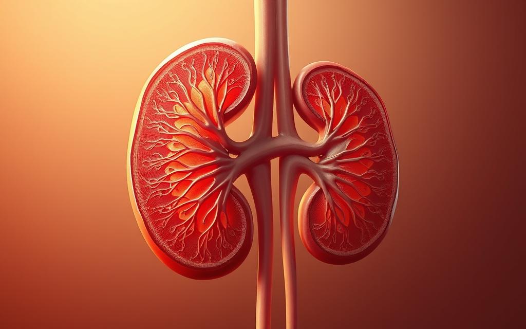 A detailed anatomical illustration of the human kidney, showcasing its intricate structure and function in supporting the body's natural detoxification processes. The image features a meticulously rendered cross-section of the kidney, highlighting the glomeruli, tubules, and blood vessels that work together to filter and remove waste and toxins from the bloodstream. The scene is bathed in warm, natural lighting, creating a sense of depth and dimension, while the background is minimalist and clean, allowing the kidney's complex anatomy to take center stage. The overall mood is one of scientific precision and educational clarity, conveying the vital role of the kidneys in maintaining the body's internal balance and supporting its self-cleansing abilities.