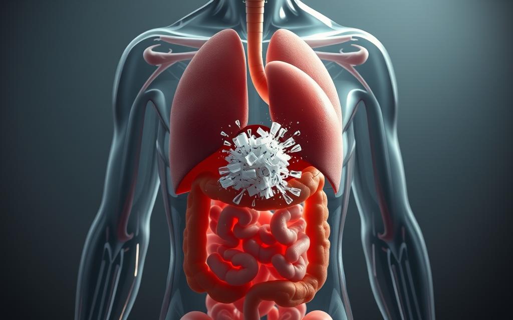 A detailed, cross-sectional cutaway view of a human body, with a transparent outer layer revealing the internal organs and systems. In the center, a cluster of microscopic, semi-transparent plastic particles are being flushed out through the digestive system, intestines, and liver, symbolizing the detoxification process. The background is a sterile, clinical environment with muted tones, highlighting the scientific nature of the detoxification process. Bright, directional lighting casts shadows and highlights the intricate details of the internal anatomy and the microplastics being expelled. The overall mood is one of precision, clarity, and the triumph of the body's natural cleansing mechanisms.