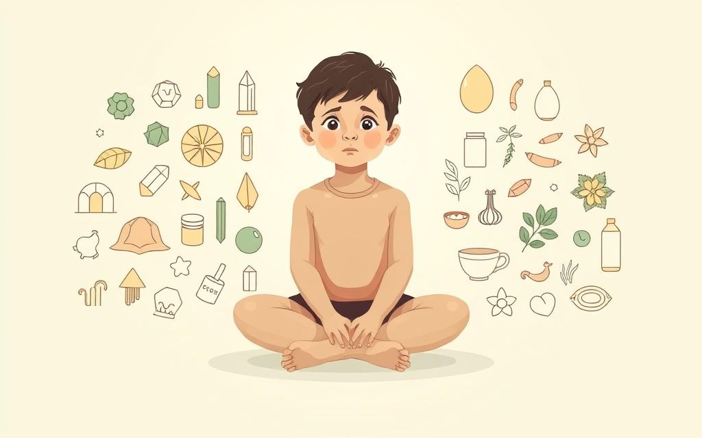 A minimalist illustration showcasing common myths and misconceptions about detoxing children. In the foreground, a young child sits cross-legged, with a perplexed expression. Surrounding them, a collage of various icons representing popular detox fads - crystals, herbs, supplements, and other wellness trends. The background is a clean, pastel gradient, creating a serene, contemplative atmosphere. The lighting is soft and diffused, subtly highlighting the child's pensive gaze. The composition is balanced and symmetrical, guiding the viewer's attention to the central figure and the juxtaposition of modern wellness tropes against the innocent, questioning child.