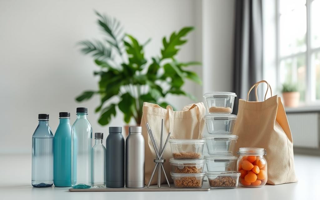A minimalist, well-lit studio scene depicting various lifestyle changes to minimize plastic exposure in 2025. In the foreground, reusable water bottles, cloth shopping bags, and metal straws are neatly arranged. The middle ground features a sleek, sustainable food storage system with glass containers. In the background, a large houseplant and natural lighting from a large window create a calming, eco-friendly atmosphere. The overall composition conveys a sense of simplicity, organization, and a commitment to reducing plastic waste in everyday life.