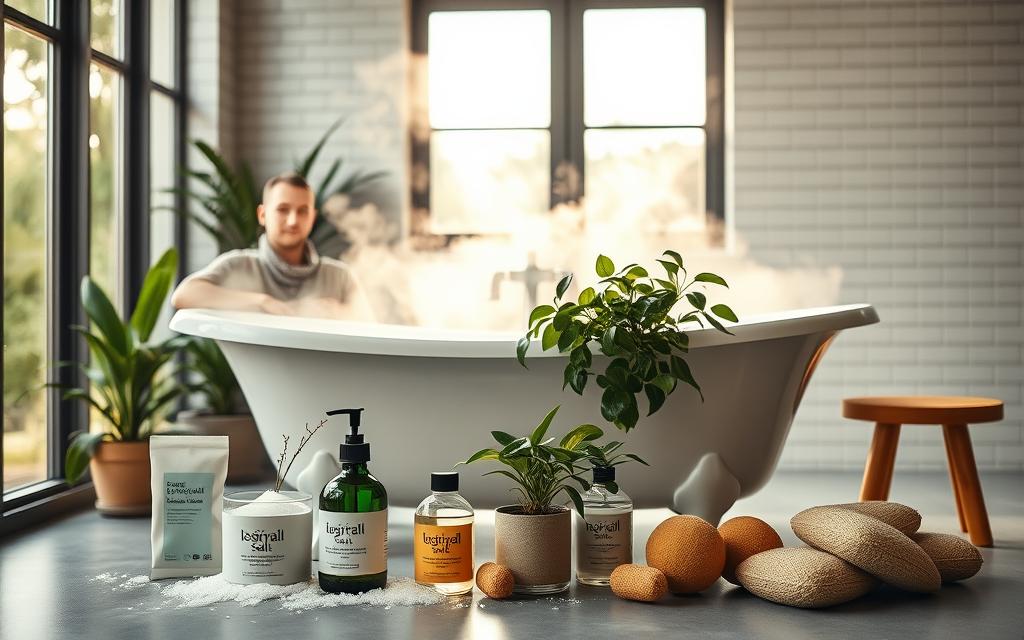 A serene, modern bathroom setting with a deep, clawfoot bathtub filled with fragrant, steaming water. Natural light streams in through large windows, casting a warm, relaxing glow. In the foreground, an assortment of sustainable, eco-friendly bath products - Epsom salts, essential oils, and natural sponges. The middle ground features lush, potted plants and a wooden stool for easy access. The background showcases a minimalist, monochrome tiled wall, creating a calming, spa-like atmosphere. The overall mood is one of tranquility, inviting the viewer to indulge in a restorative, detoxifying soak.