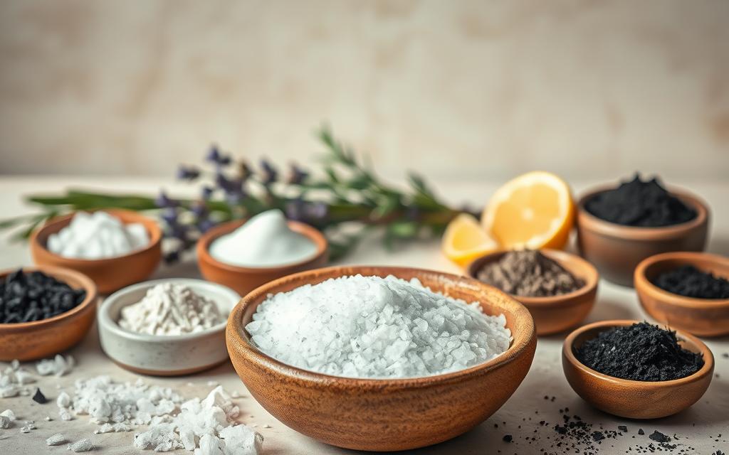 A still life arrangement showcasing the essential ingredients for a heavy metal detox bath. In the foreground, an earthenware bowl filled with Epsom salts, sea salt, and baking soda. Surrounding it, clay, charcoal, and bentonite powder in small ceramic dishes. In the middle ground, fresh lavender sprigs, rosemary, and lemon slices. The background is a soft, neutral-toned backdrop, allowing the colors and textures of the ingredients to take center stage. The lighting is soft and diffused, creating a soothing, spa-like atmosphere. The composition is balanced and visually appealing, inviting the viewer to imagine the restorative properties of this detox bath.