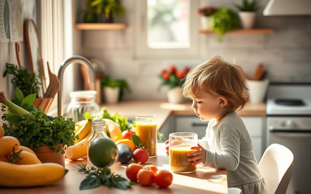 A sun-dappled kitchen counter, filled with wholesome ingredients - fresh fruits, veggies, and herbs. A young child sits nearby, intently watching as a caring adult prepares a homemade smoothie or juice. The scene exudes a sense of calm and nurturing, conveying the idea of safe, natural detoxification methods for young children. Soft, diffused lighting casts a warm glow, and the composition emphasizes the connection between the child and the trusted adult. The overall mood is one of reassurance, health, and gentle care.