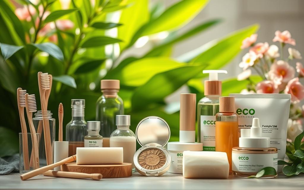 A vibrant still life showcasing an assortment of microplastic-free personal care products. In the foreground, an array of natural, eco-friendly items such as bamboo toothbrushes, refillable glass bottles of shampoo and conditioner, and solid bar soaps. In the middle ground, a variety of sustainable makeup and skincare items, including a compact of mineral-based powder foundation and a jar of nourishing facial moisturizer. The background features lush, verdant leaves and flowers, conveying a sense of purity, vitality, and environmental consciousness. The lighting is soft and diffused, accentuating the natural textures and tones of the products. The overall scene exudes a calming, wholesome atmosphere, inviting the viewer to consider eco-friendly alternatives to traditional personal care items.