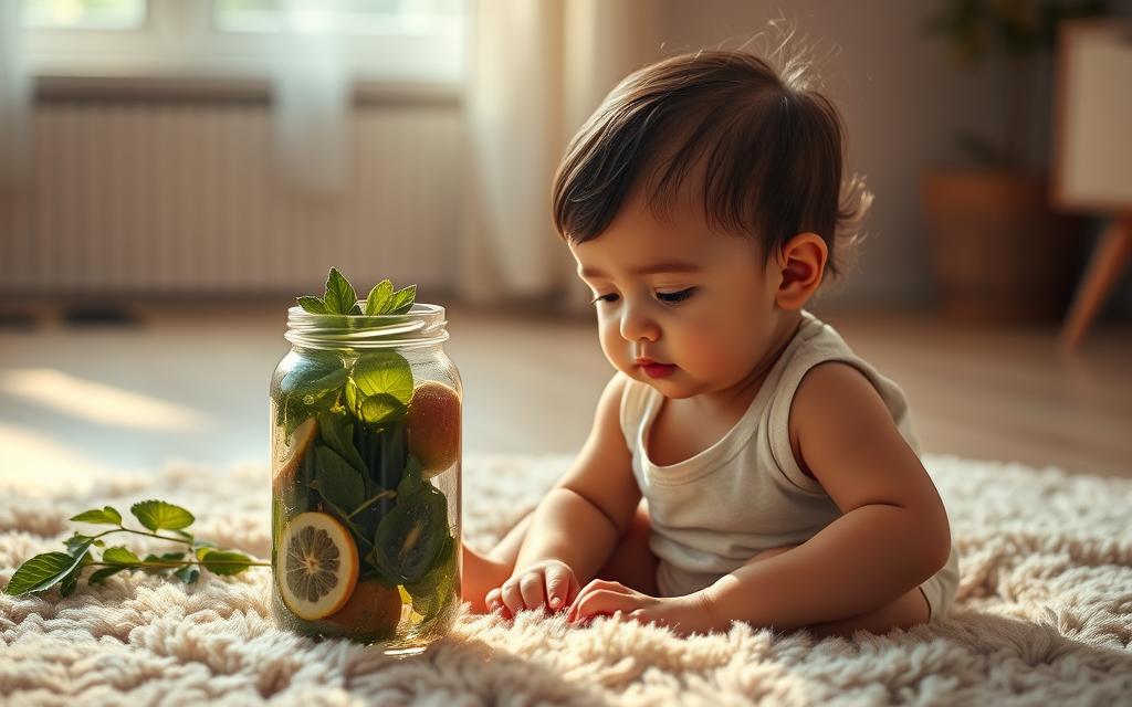 A young toddler sits calmly on a plush, natural-colored rug, their gentle gaze fixed on a glass jar filled with leafy green herbs and fruits. Warm, soft lighting illuminates the scene, creating a serene and nurturing atmosphere. The toddler's expression is one of curiosity and tranquility, reflecting the restorative power of the detox ingredients. In the background, a minimalist, earthy-toned room with a soothing color palette provides a calming backdrop. The overall composition conveys a sense of balance, health, and the importance of supporting a child's well-being through natural, holistic remedies.