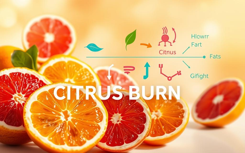 Scientific illustration of Citrus Burn metabolic pathways showing fat oxidation and citrus botanical extracts.