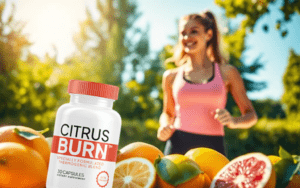 Citrus Burn supplement bottle with fresh citrus fruits, illustrating metabolic revival and enhanced energy levels in adults 45+.